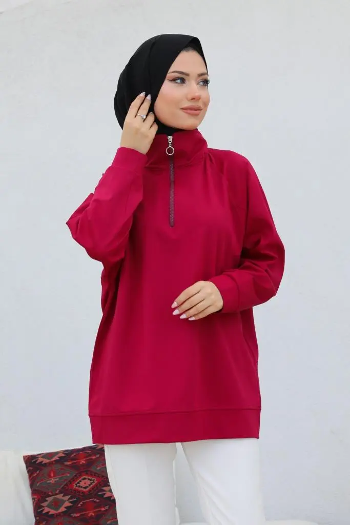 Claret Red Raglan Sleeve Raised Hijab Sweatshirt-detail