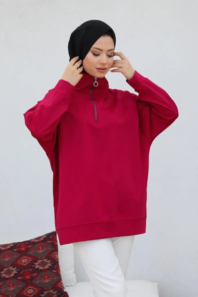 Claret Red Raglan Sleeve Raised Hijab Sweatshirt-detail