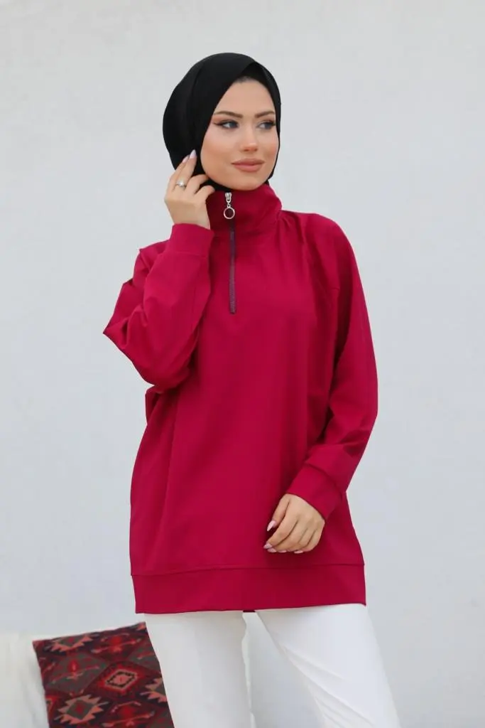 Claret Red Raglan Sleeve Raised Hijab Sweatshirt-detail
