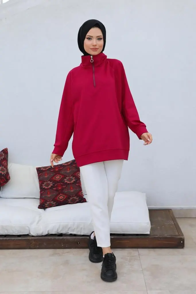 Claret Red Raglan Sleeve Raised Hijab Sweatshirt-detail