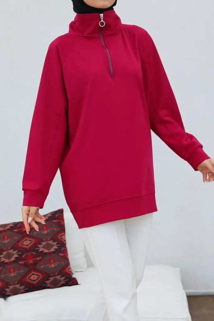 Claret Red Raglan Sleeve Raised Hijab Sweatshirt-detail