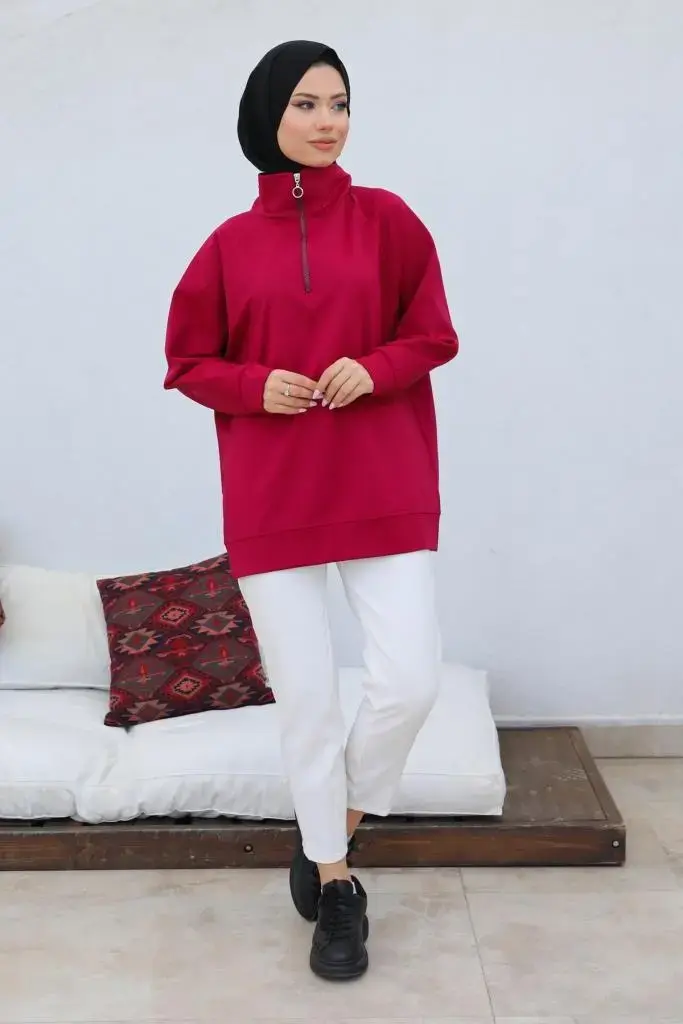 10029 Raglan Kol İçi Şardonlu Tesetür Sweatshirt Bordo