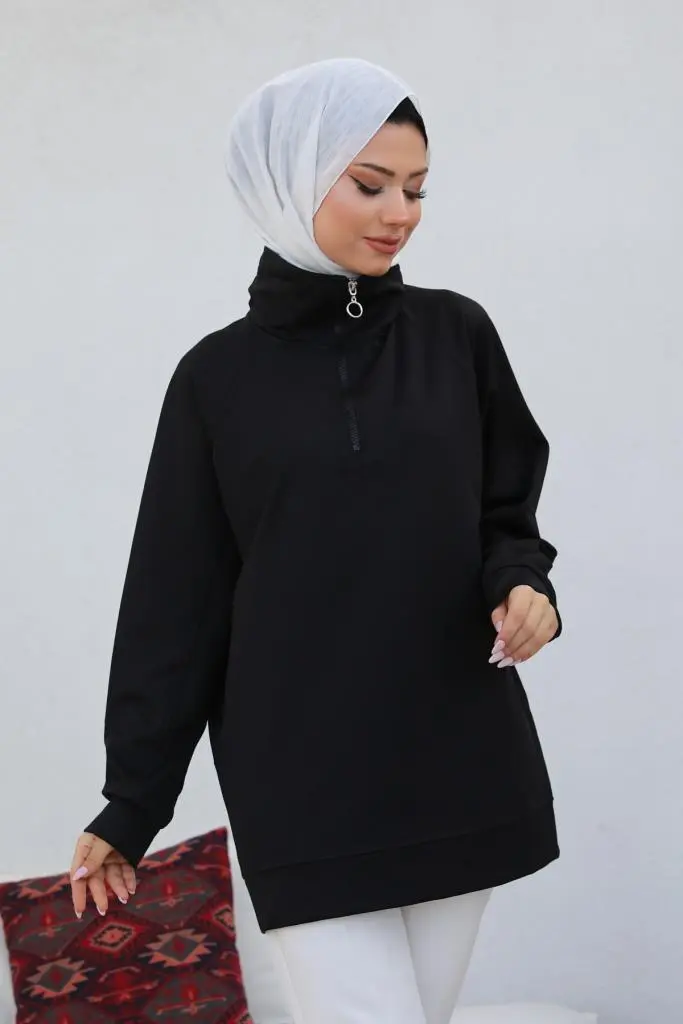 Black Raglan Sleeve Raised Hijab Sweatshirt-detail