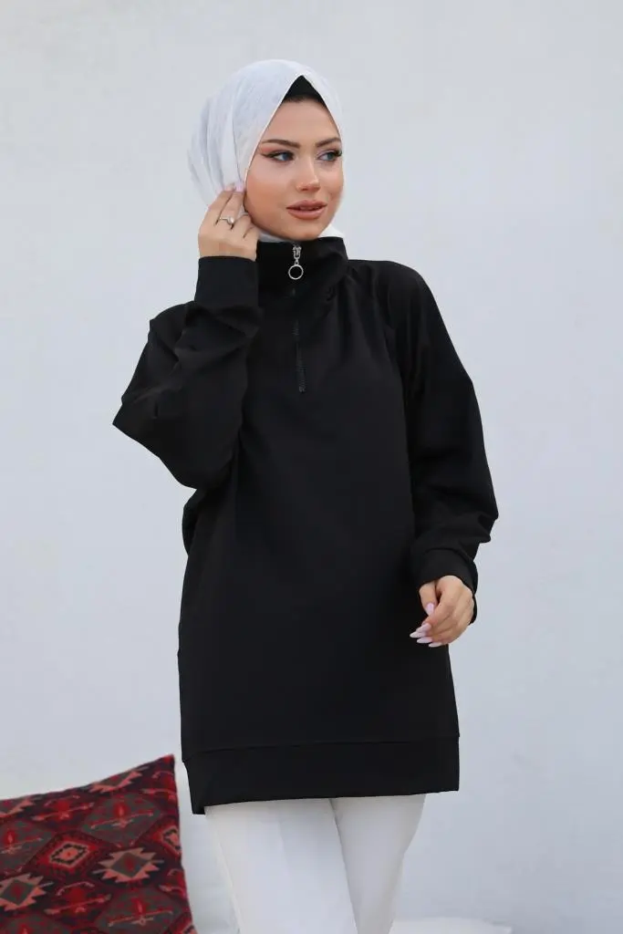 Black Raglan Sleeve Raised Hijab Sweatshirt-detail