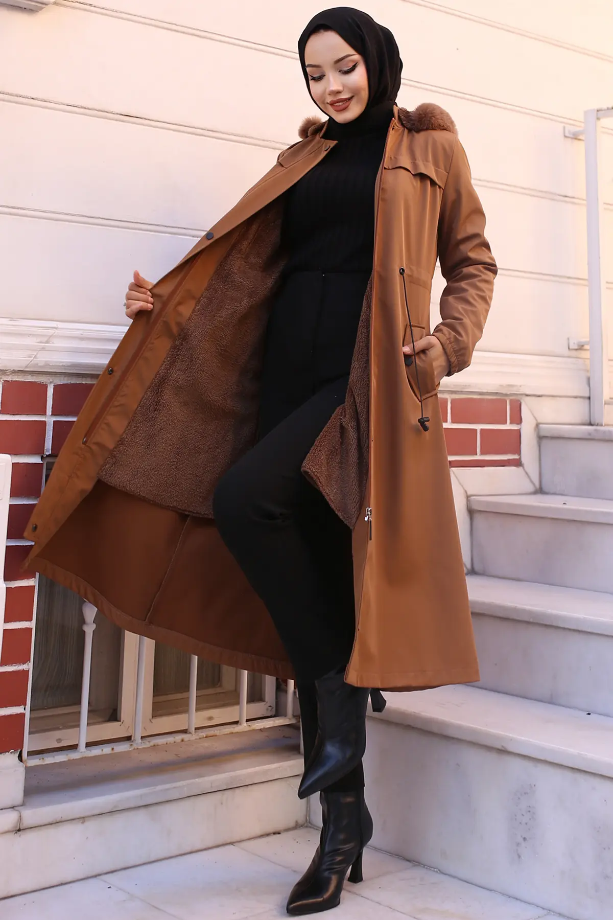 1053 İçi Peluşlu Yakası Kürklü Bondit Mont Taba-detail