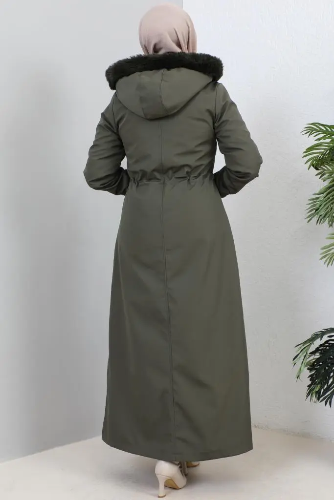 1055 Yakası Kürk Detaylı Kapüşonlu Uzun Bondit Kaban Haki-detail