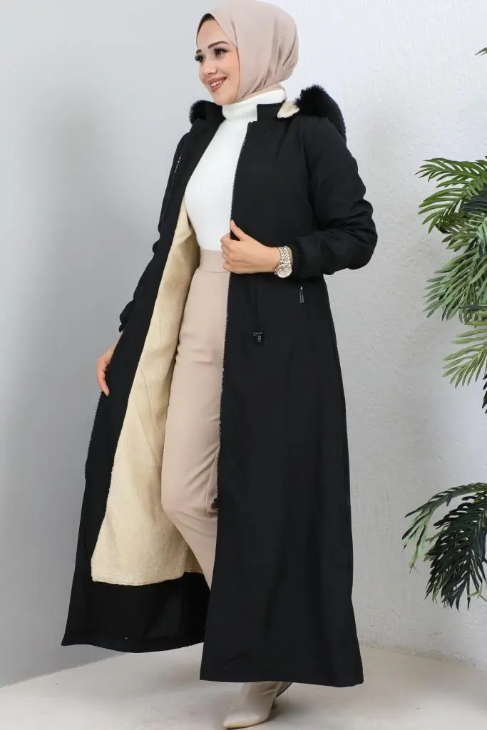 1055 Yakası Kürk Detaylı Kapüşonlu Uzun Bondit Kaban Siyah-detail