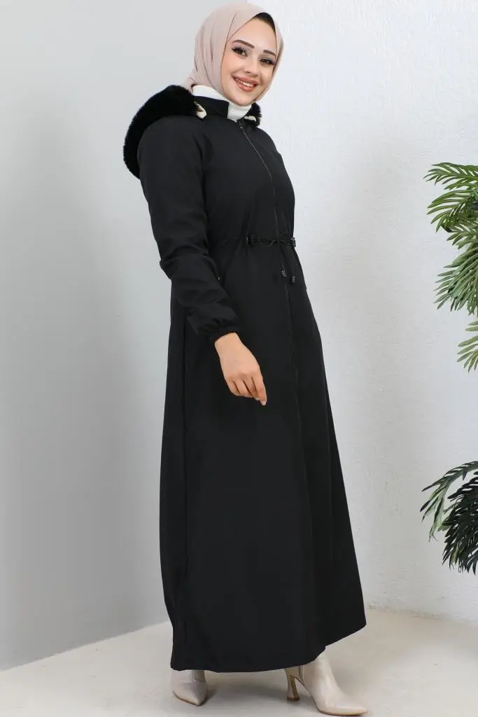 1055 Yakası Kürk Detaylı Kapüşonlu Uzun Bondit Kaban Siyah-detail