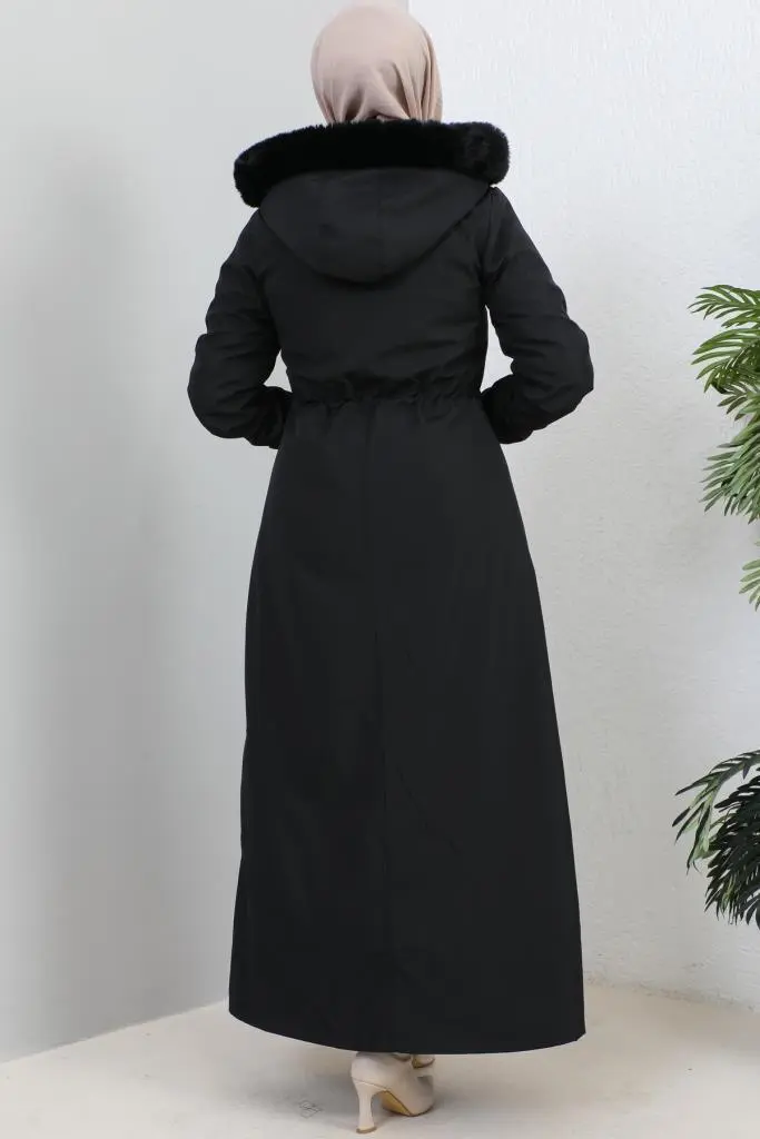 1055 Yakası Kürk Detaylı Kapüşonlu Uzun Bondit Kaban Siyah-detail