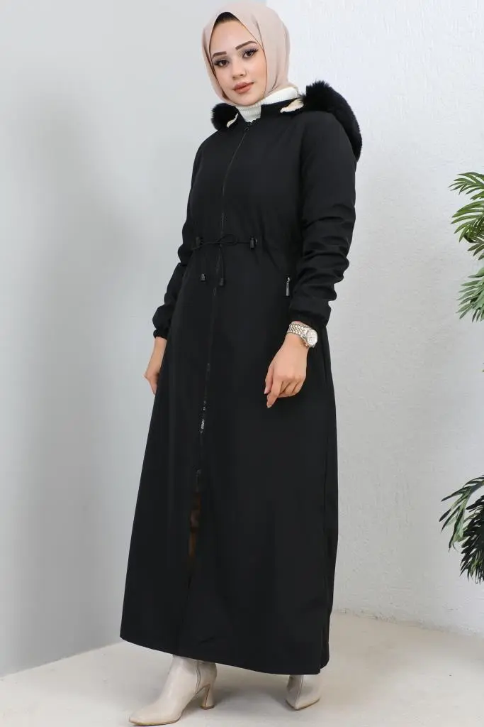 1055 Yakası Kürk Detaylı Kapüşonlu Uzun Bondit Kaban Siyah-detail