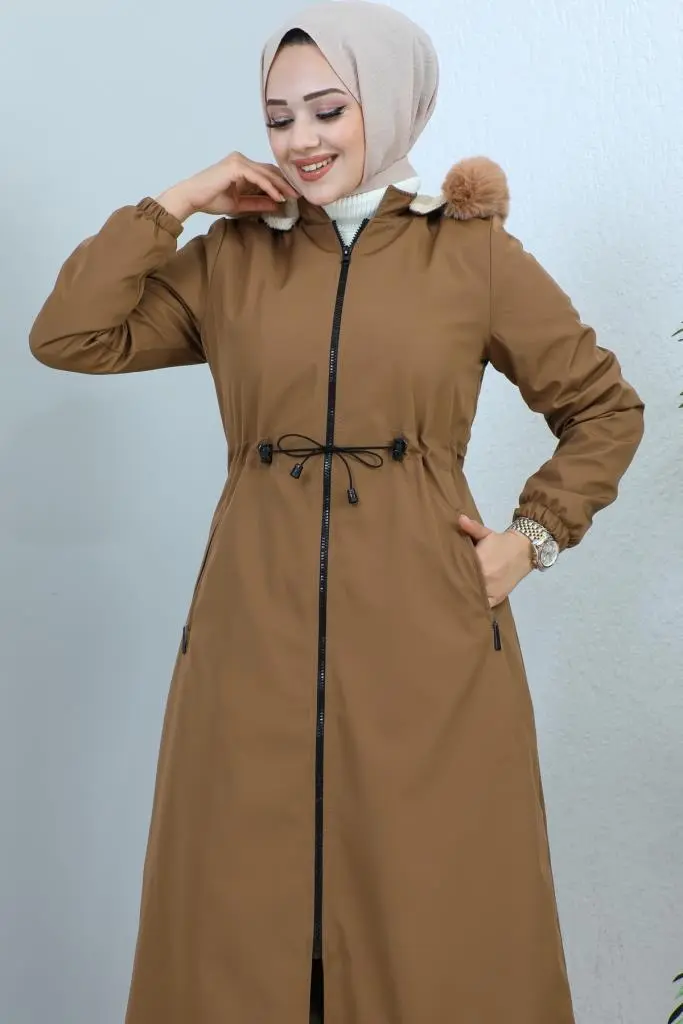 1055 Yakası Kürk Detaylı Kapüşonlu Uzun Bondit Kaban Taba-detail