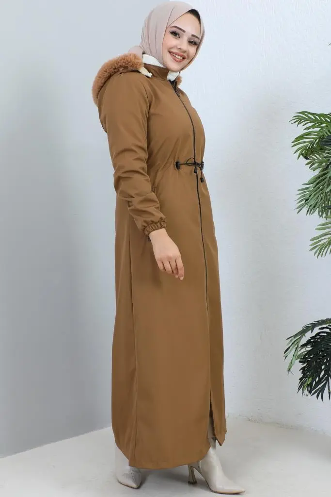 1055 Yakası Kürk Detaylı Kapüşonlu Uzun Bondit Kaban Taba-detail