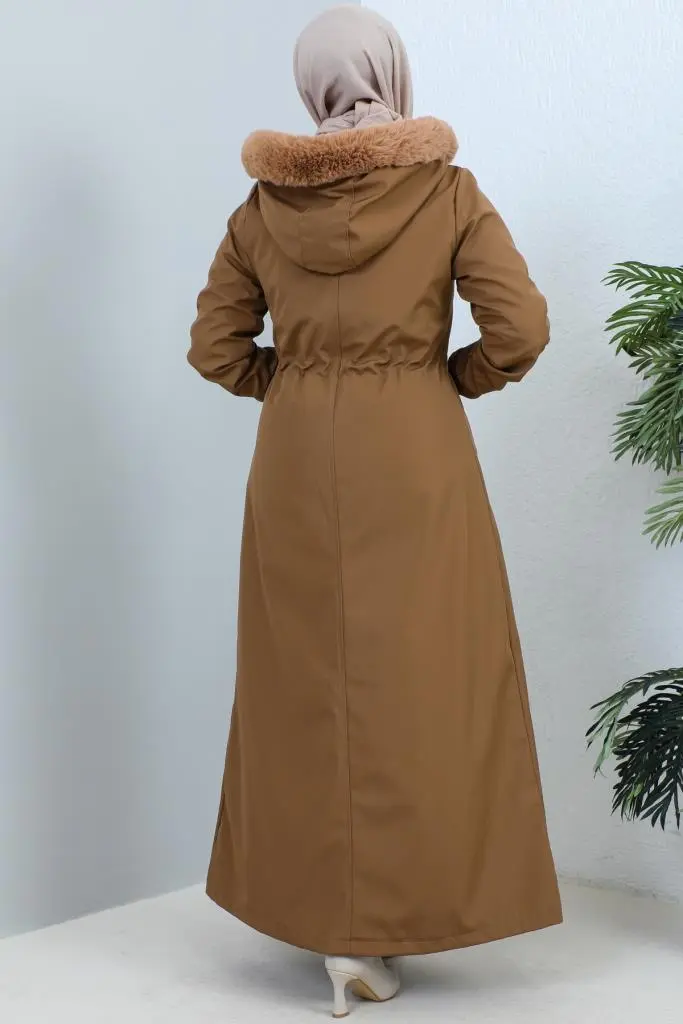 1055 Yakası Kürk Detaylı Kapüşonlu Uzun Bondit Kaban Taba-detail