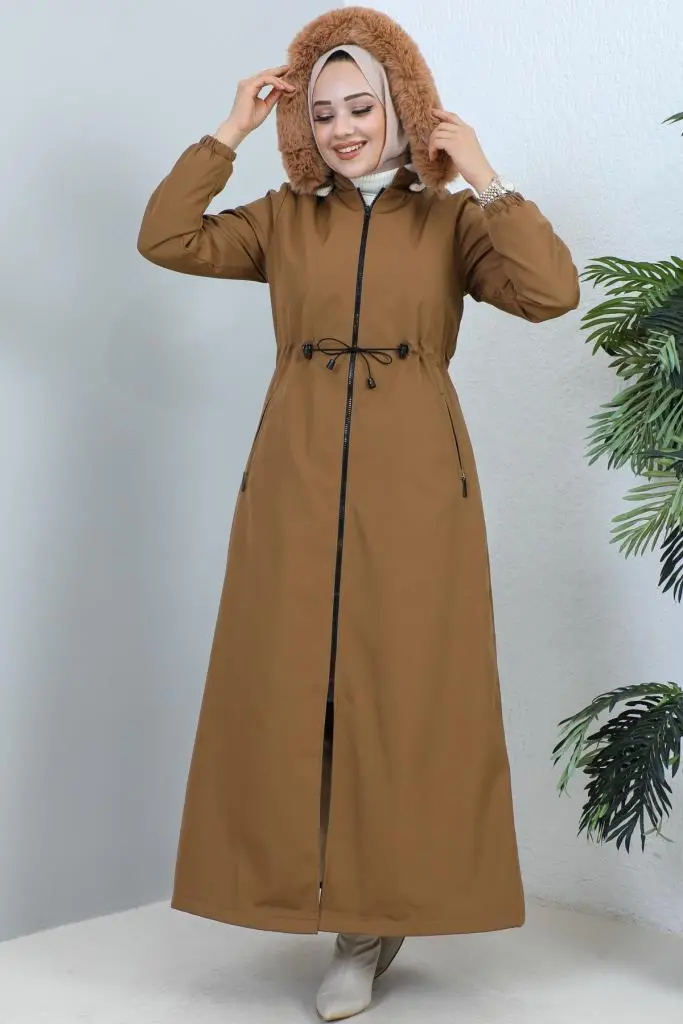 1055 Yakası Kürk Detaylı Kapüşonlu Uzun Bondit Kaban Taba-detail