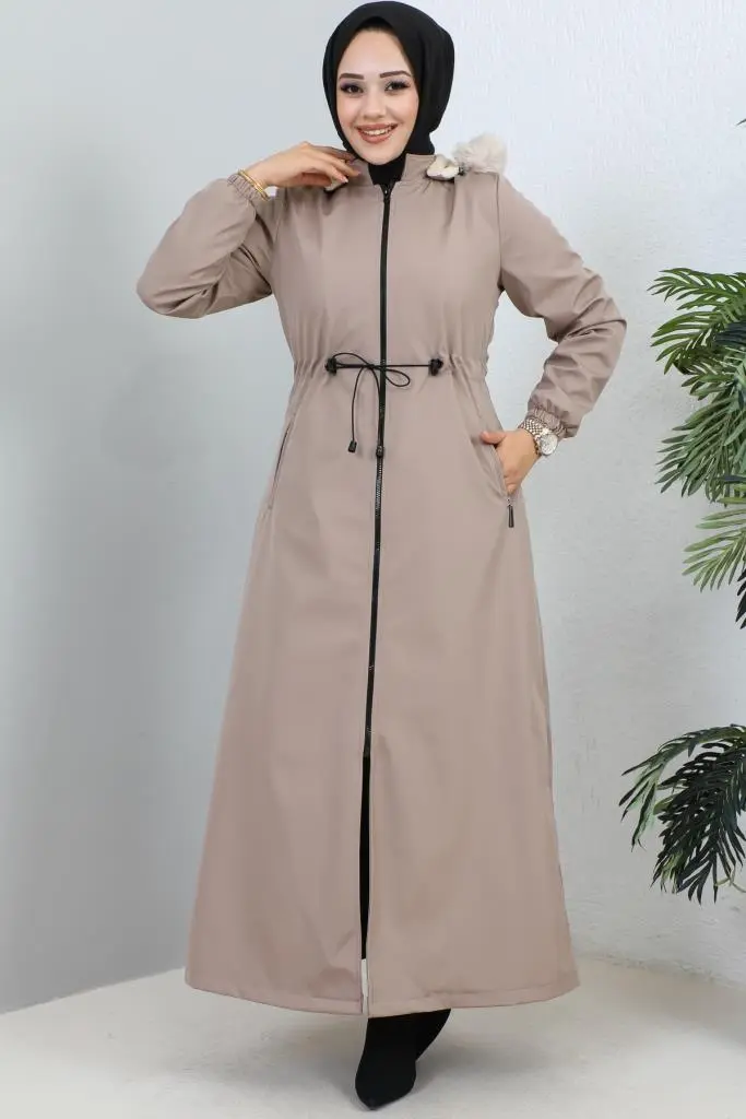 1055 Yakası Kürk Detaylı Kapüşonlu Uzun Bondit Kaban Vizon-detail