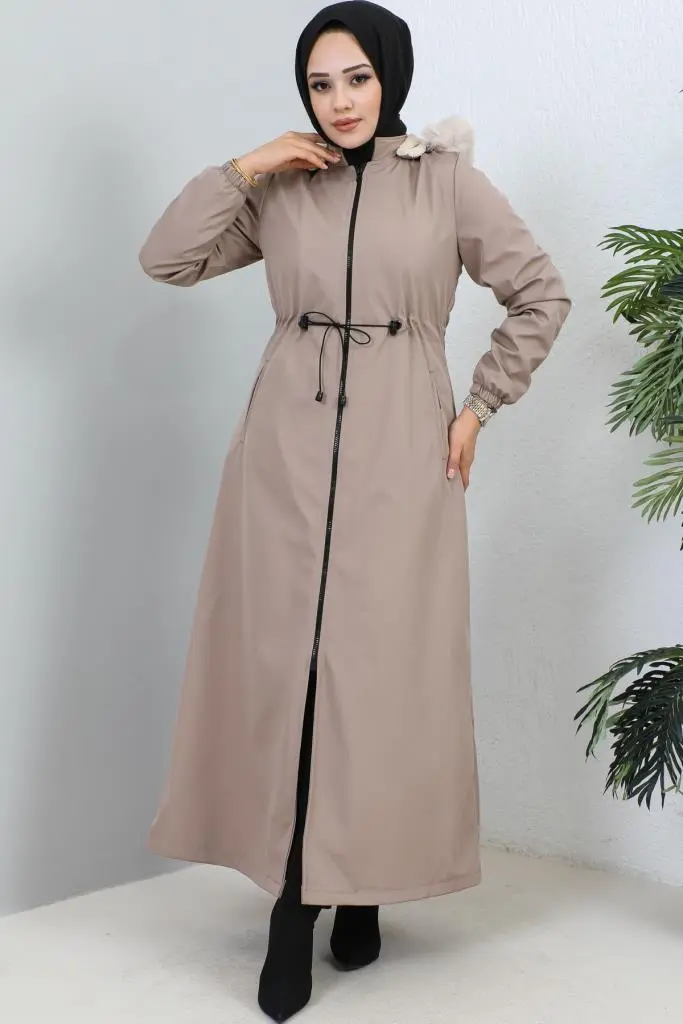 1055 Yakası Kürk Detaylı Kapüşonlu Uzun Bondit Kaban Vizon-detail