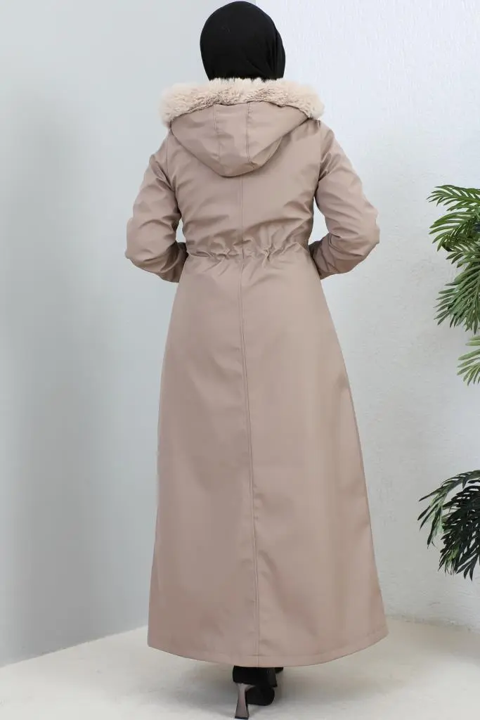 1055 Yakası Kürk Detaylı Kapüşonlu Uzun Bondit Kaban Vizon-detail