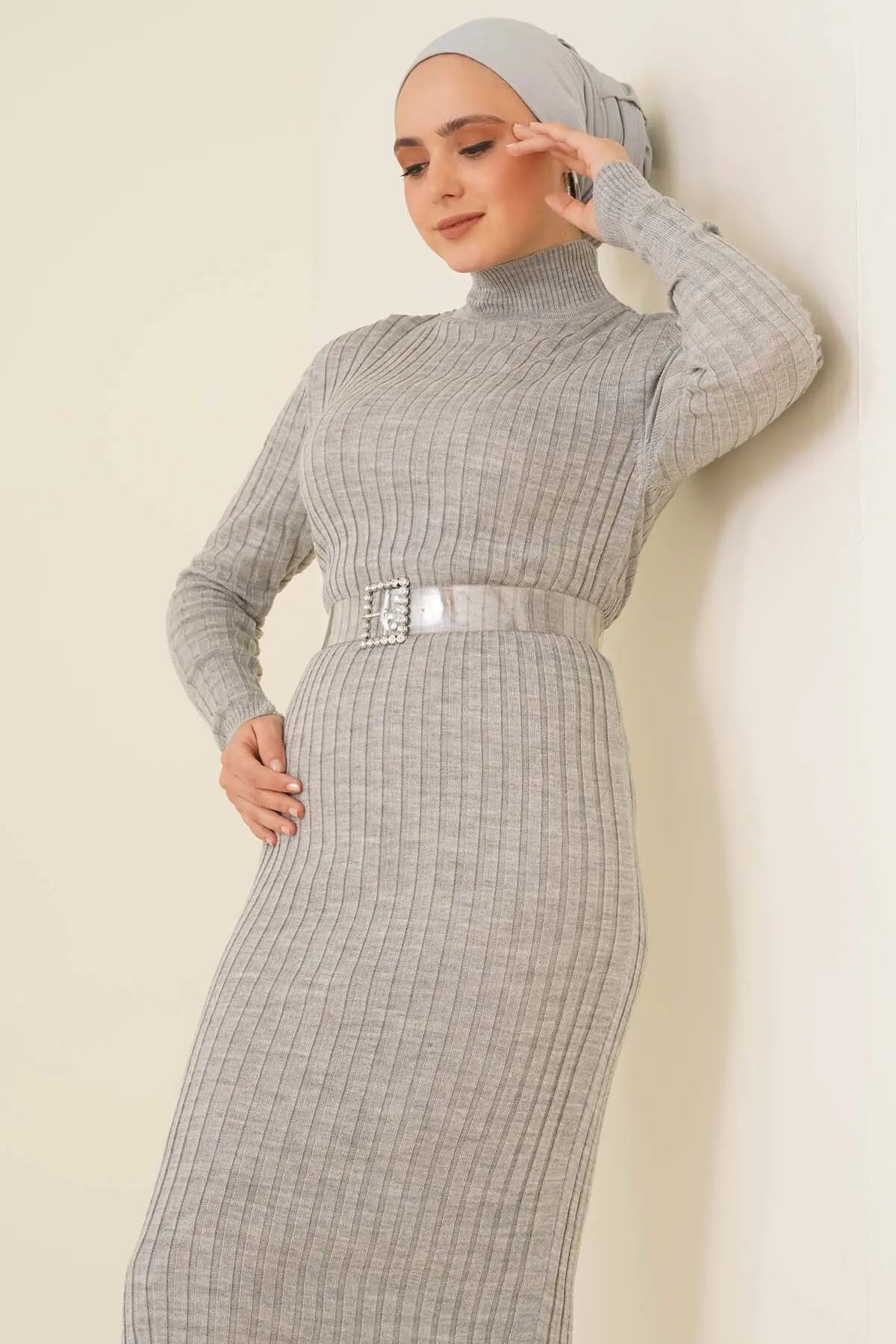 Gray Colour Half Neck Knitwear Dress-detail