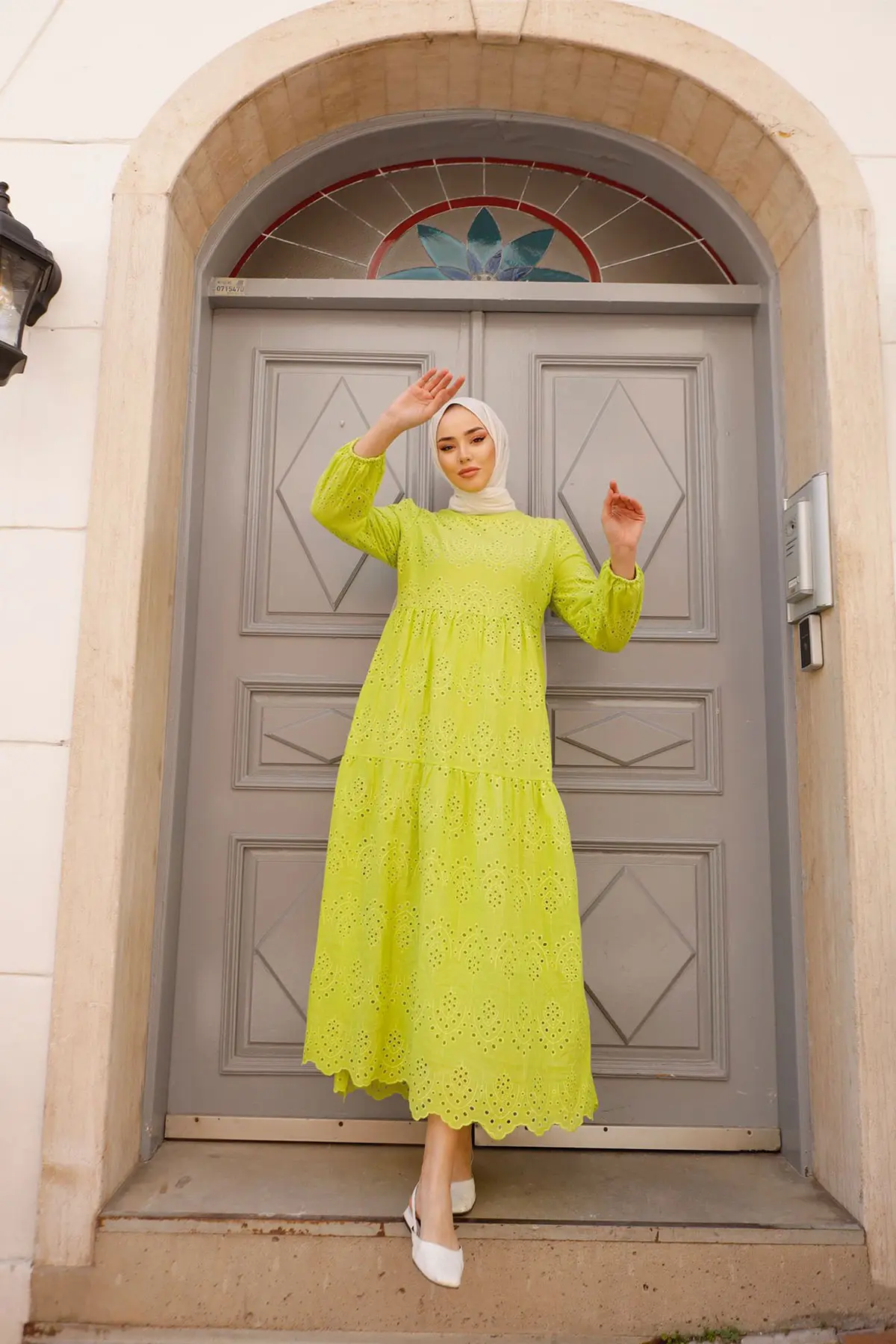 1073 Dantelli Elbise Yeşil-detail