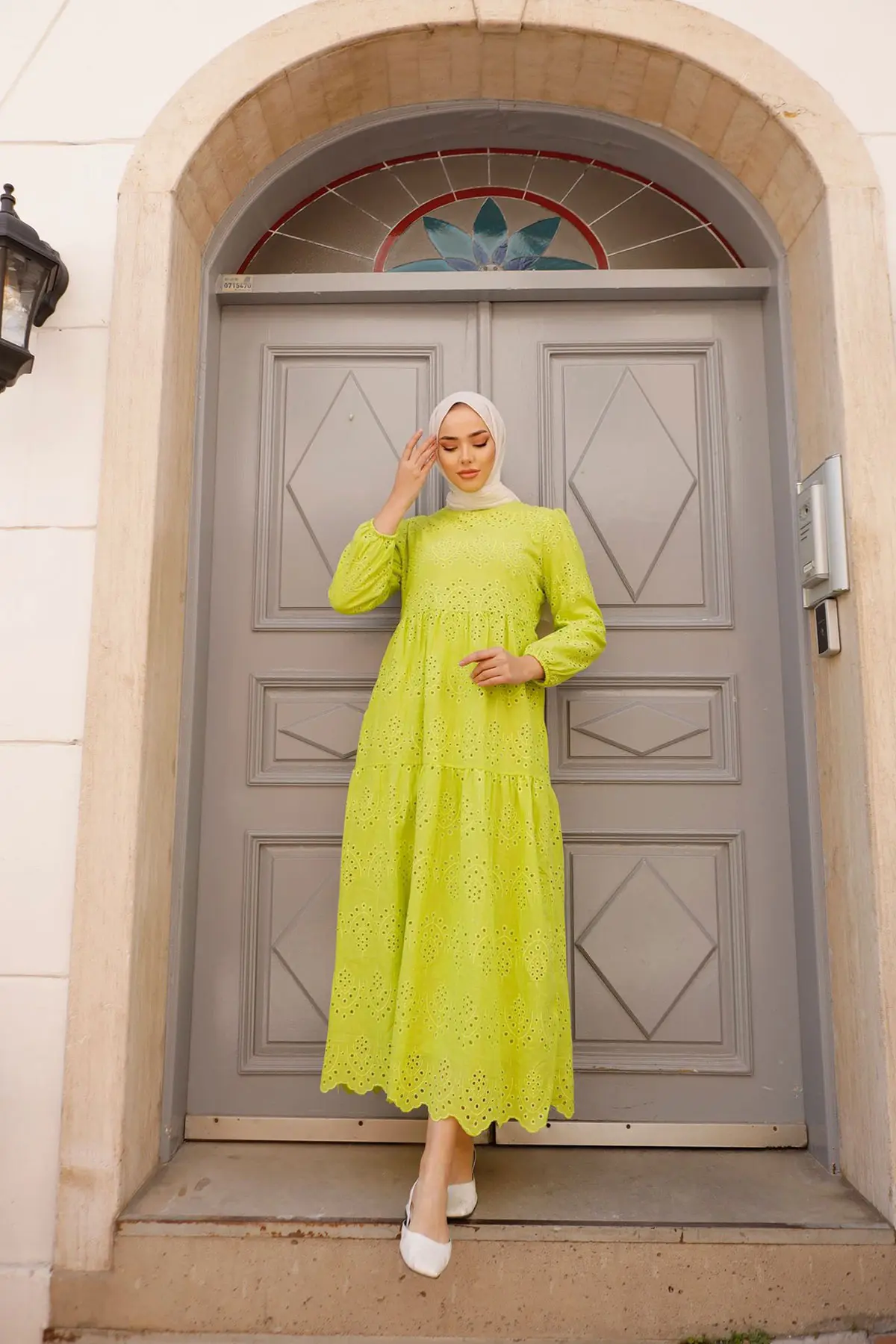 1073 Dantelli Elbise Yeşil-detail