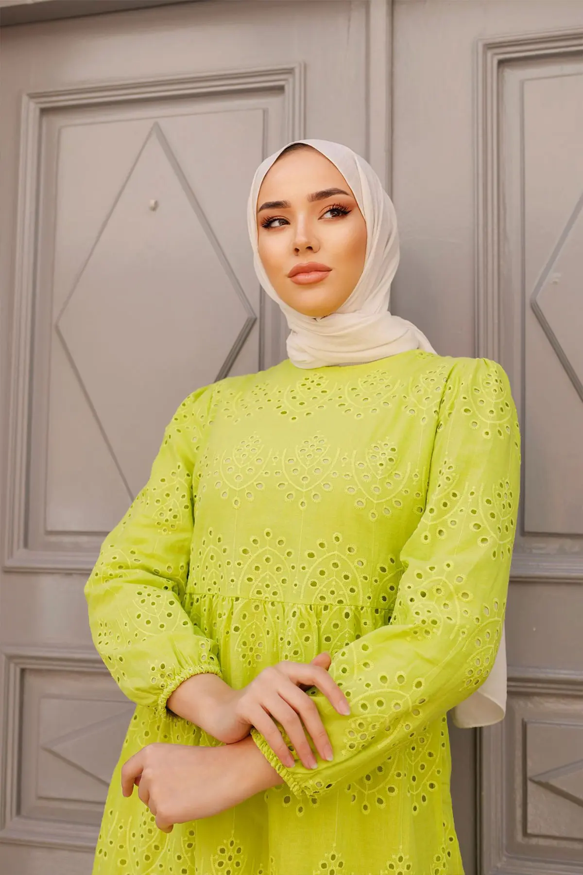 1073 Dantelli Elbise Yeşil-detail