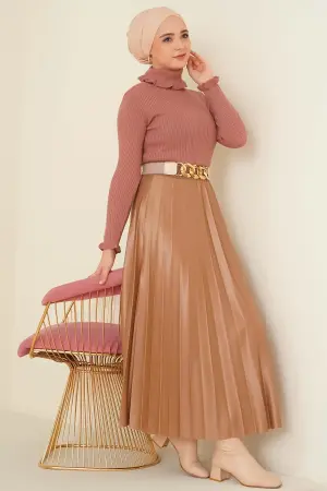 11013 Fırfır Detaylı Boğazlı Triko Kazak Gül Kurusu