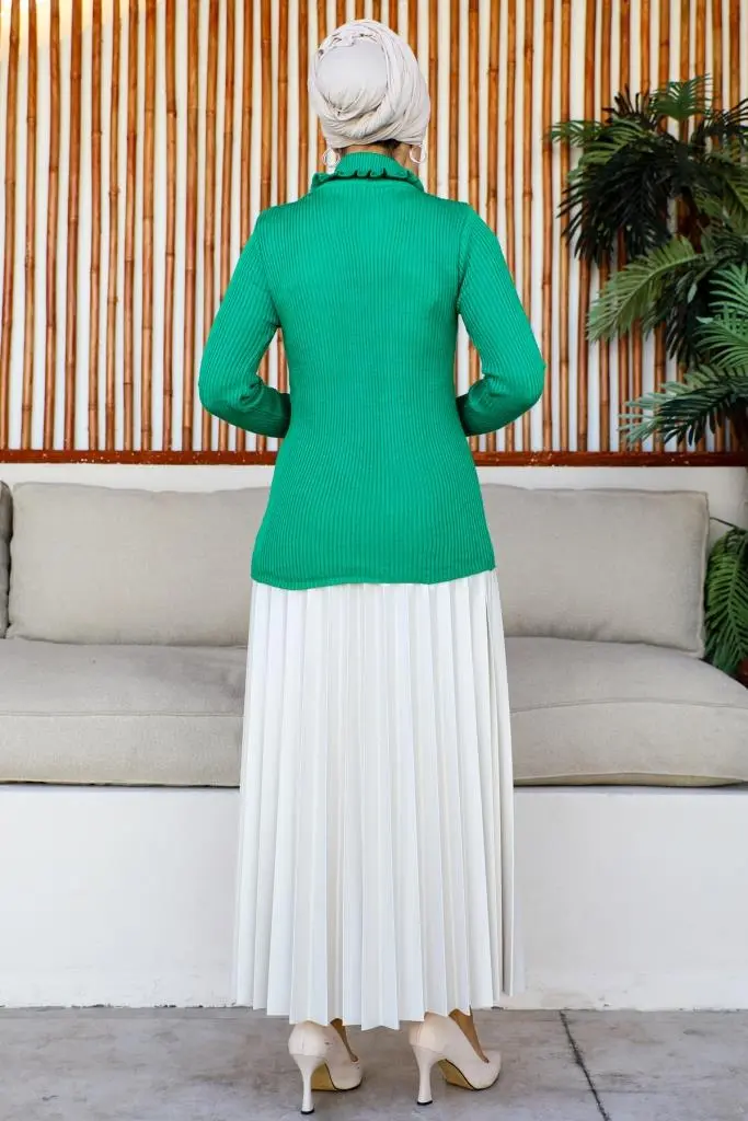 11013 Fırfır Detaylı Boğazlı Triko Kazak Yeşil-detail