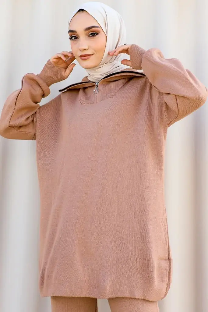 11017-10 Yaka Fermuar Detaylı Triko Takım Vizon-detail