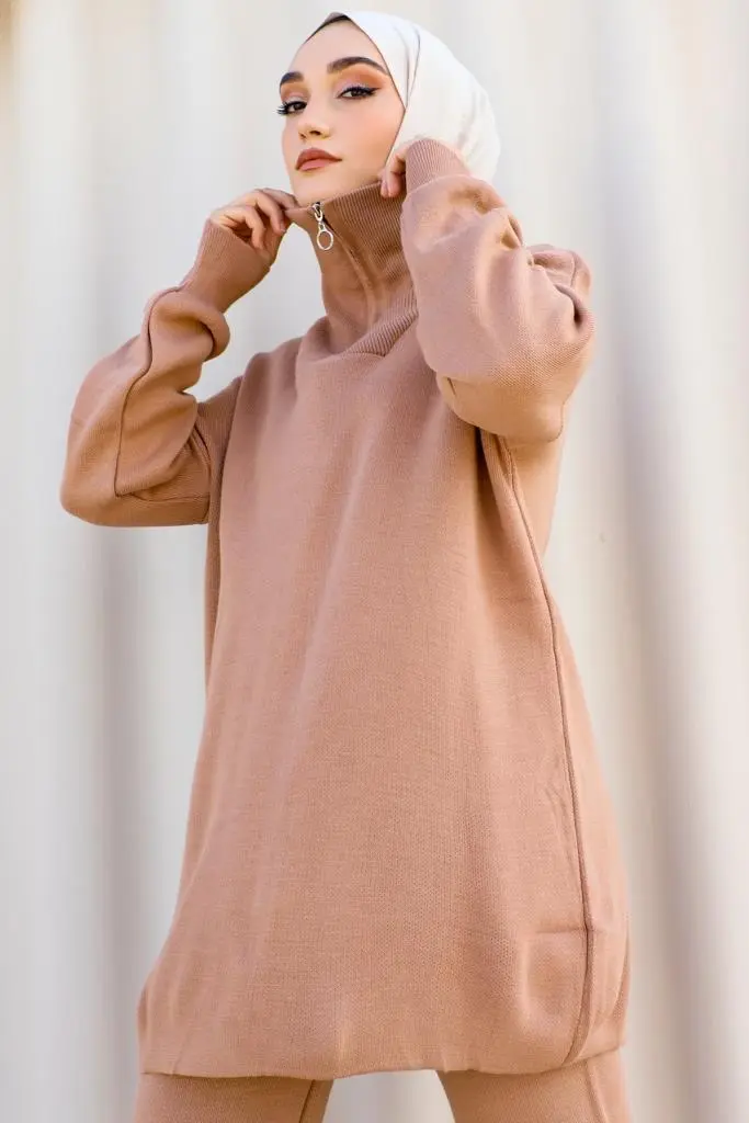 11017-10 Yaka Fermuar Detaylı Triko Takım Vizon-detail