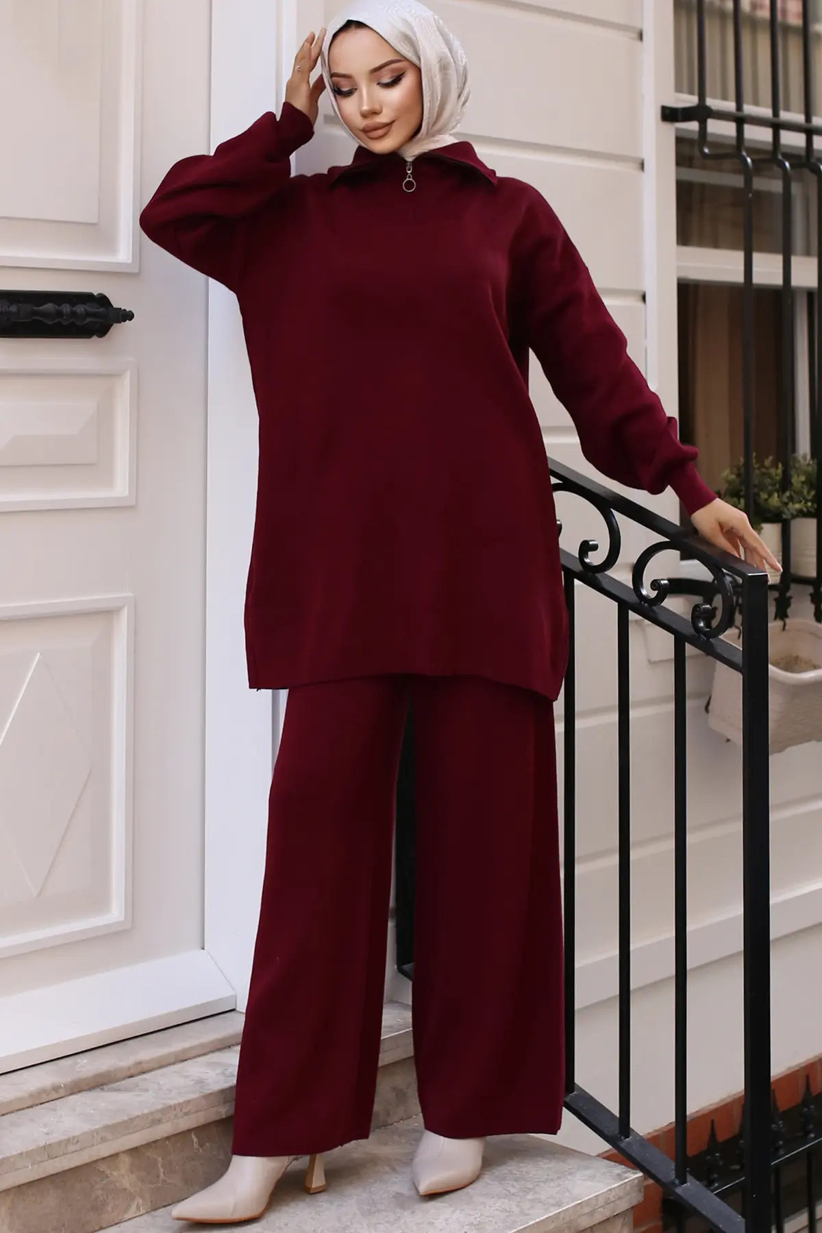 Knitwear Suit With Zipper Detailed Collar-detail