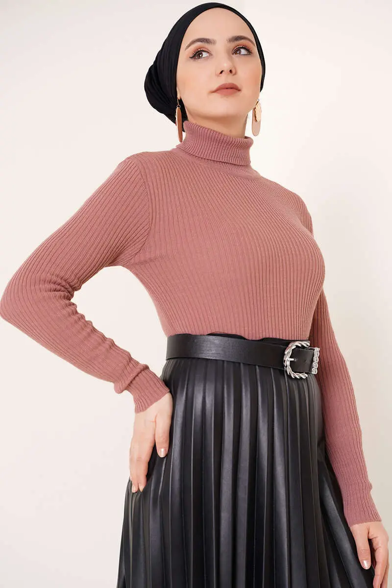 11019 Boğazlı Fitilli Triko Kazak Gül Kurusu-detail