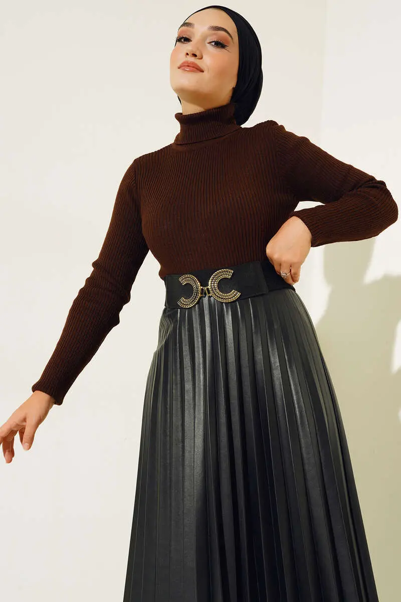 11019 Boğazlı Fitilli Triko Kazak Kahverengi-detail