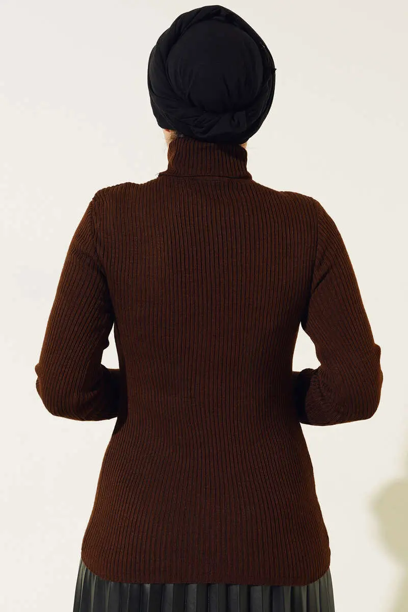 11019 Boğazlı Fitilli Triko Kazak Kahverengi-detail