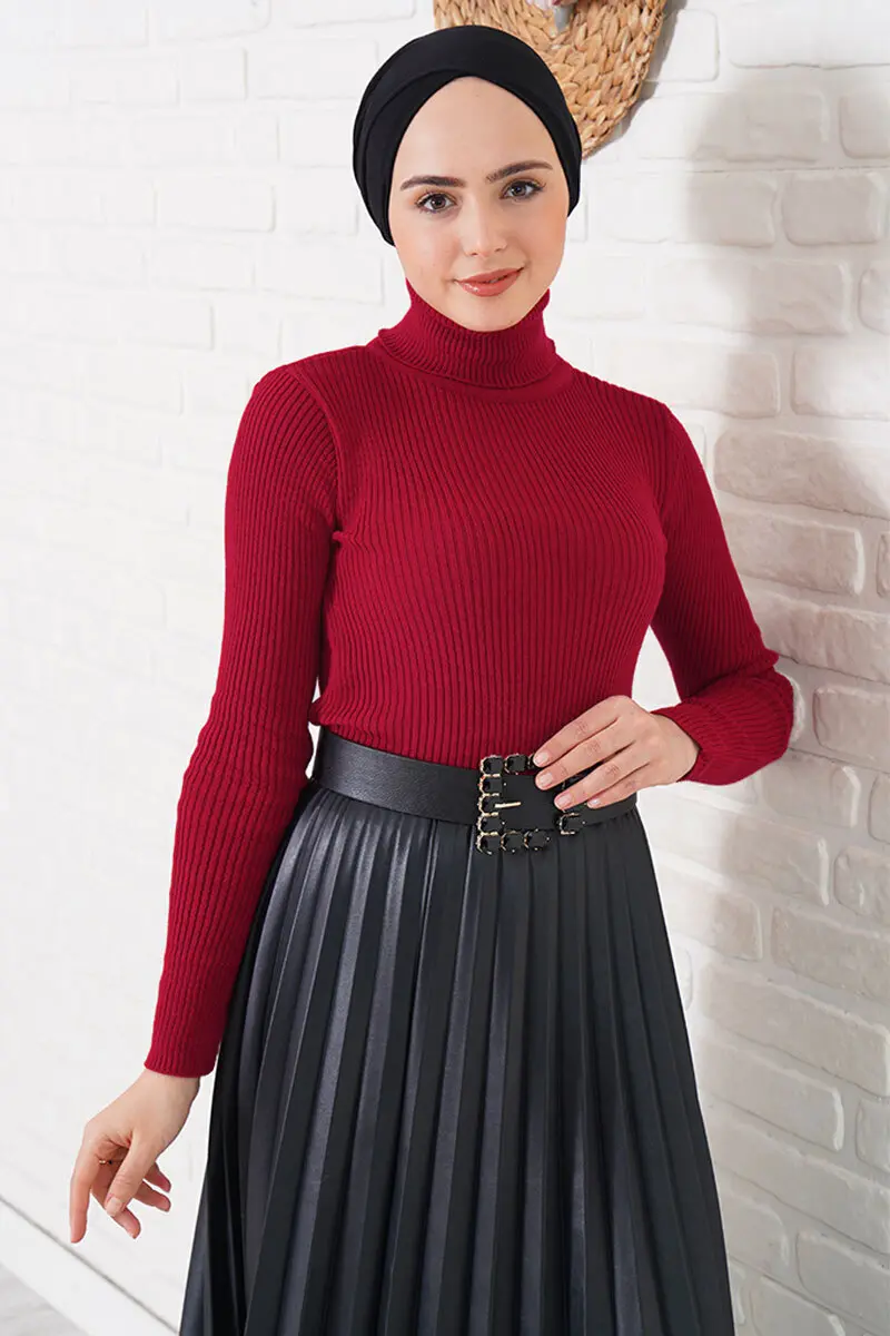 11019 Boğazlı Fitilli Triko Kazak Kırmızı-detail