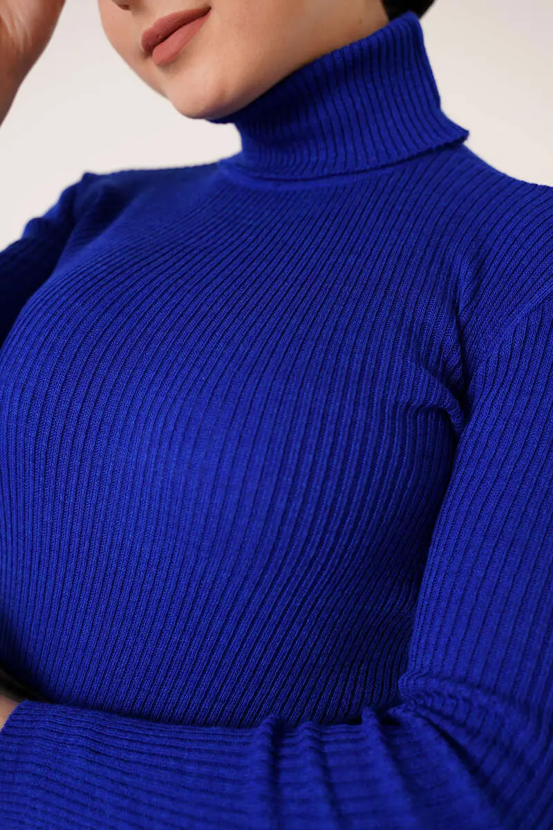 11019 Boğazlı Fitilli Triko Kazak Saks Mavisi-detail