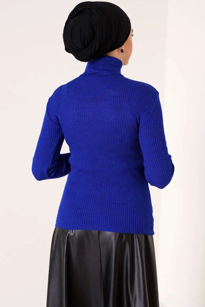 11019 Boğazlı Fitilli Triko Kazak Saks Mavisi-detail