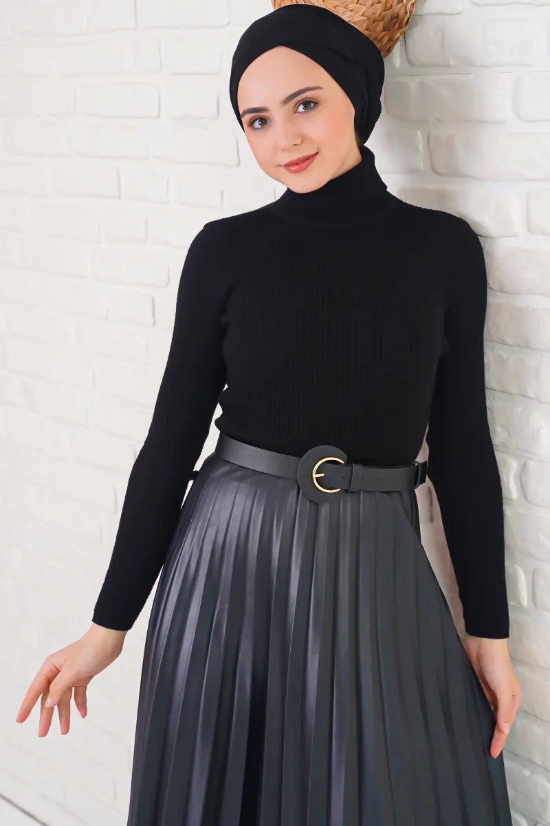 11019 Boğazlı Fitilli Triko Kazak Siyah-detail