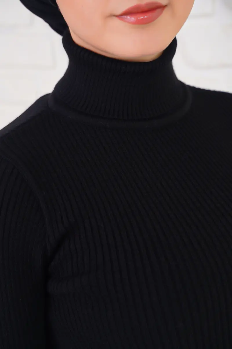 11019 Boğazlı Fitilli Triko Kazak Siyah-detail