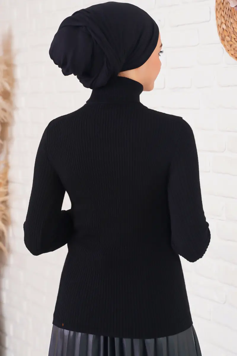 11019 Boğazlı Fitilli Triko Kazak Siyah-detail