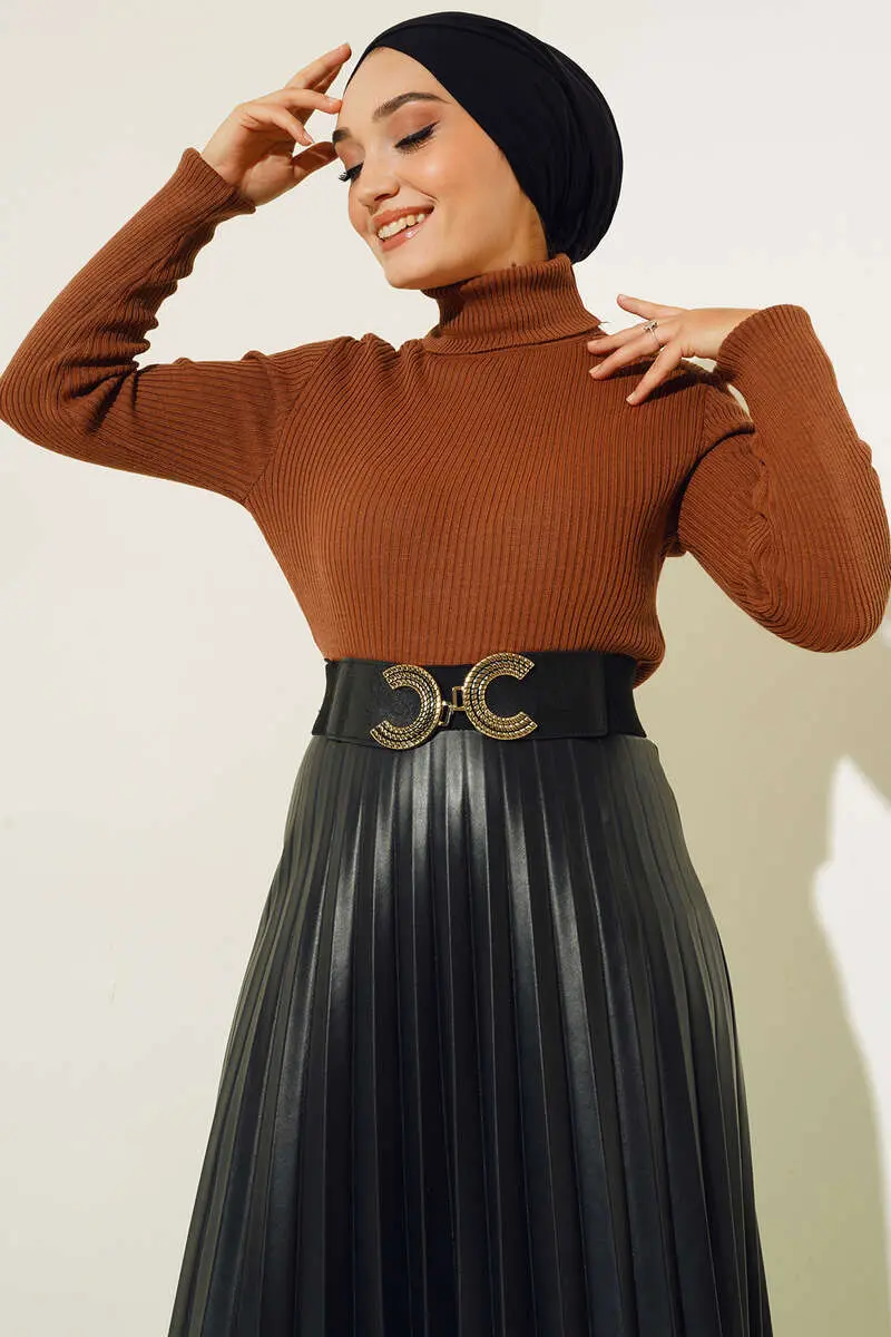 11019 Boğazlı Fitilli Triko Kazak Taba-detail