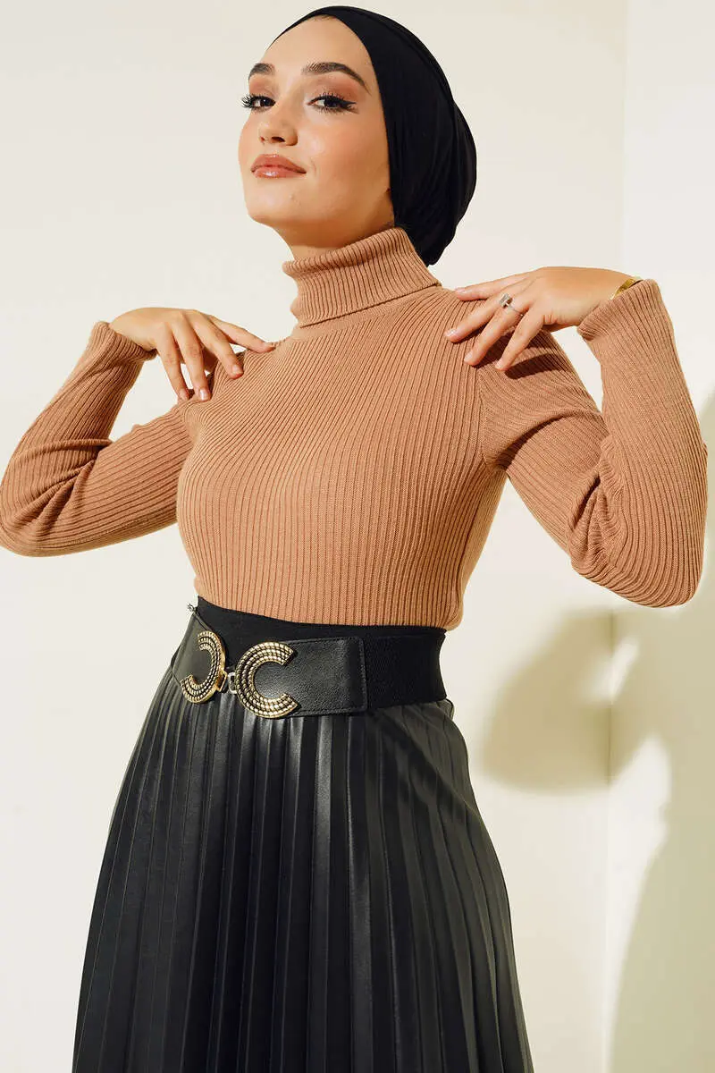 11019 Boğazlı Fitilli Triko Kazak Vizon-detail