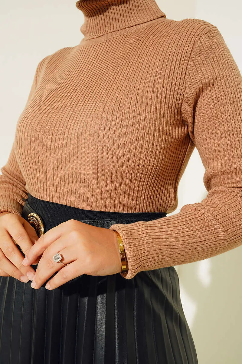 11019 Boğazlı Fitilli Triko Kazak Vizon-detail