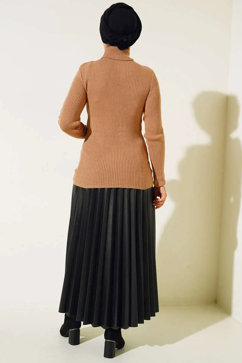 11019 Boğazlı Fitilli Triko Kazak Vizon-detail