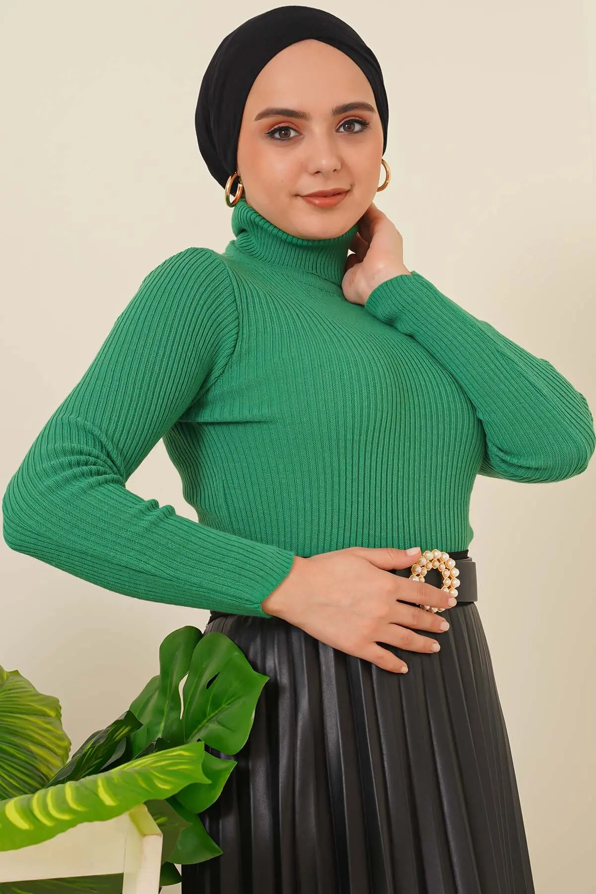 11019 Boğazlı Fitilli Triko Kazak Yeşil-detail