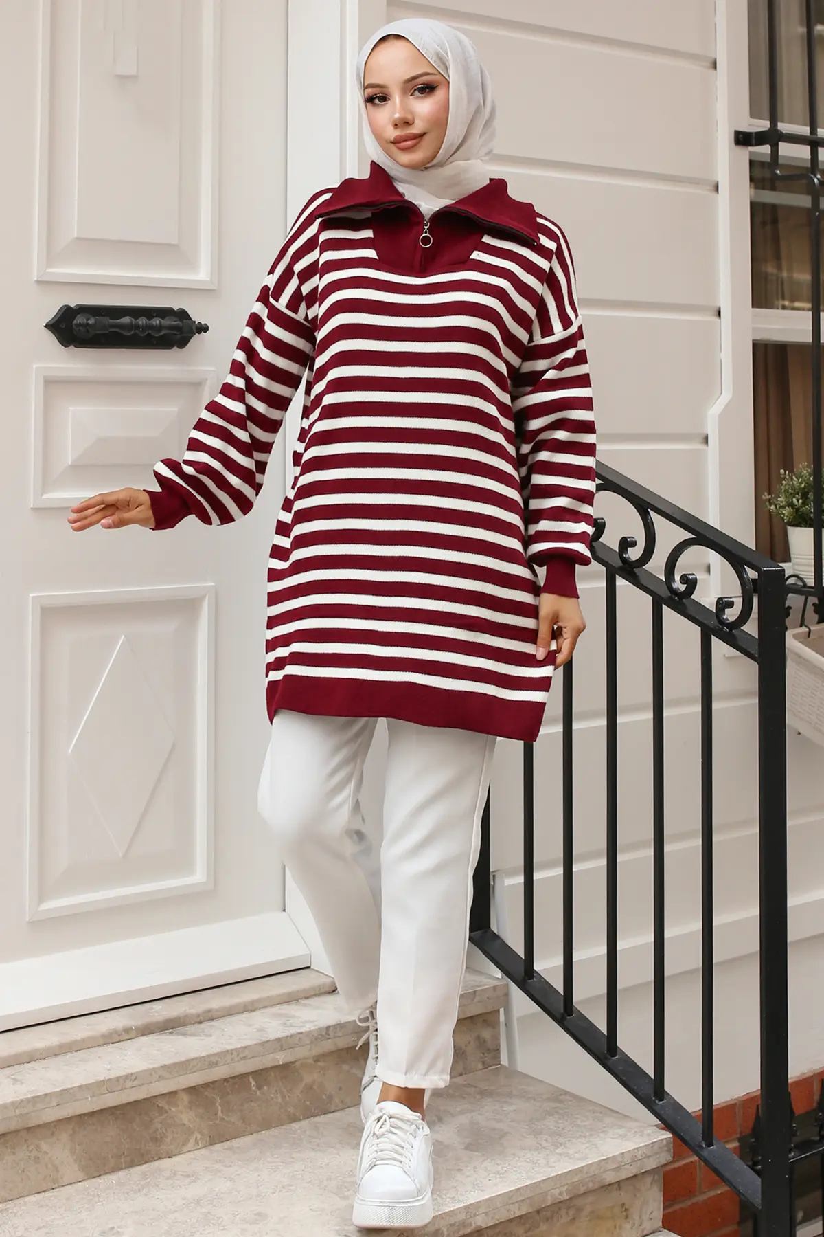 11020-03 Yakası Fermuarlı Çizgili Triko Tunik Bordo-detail