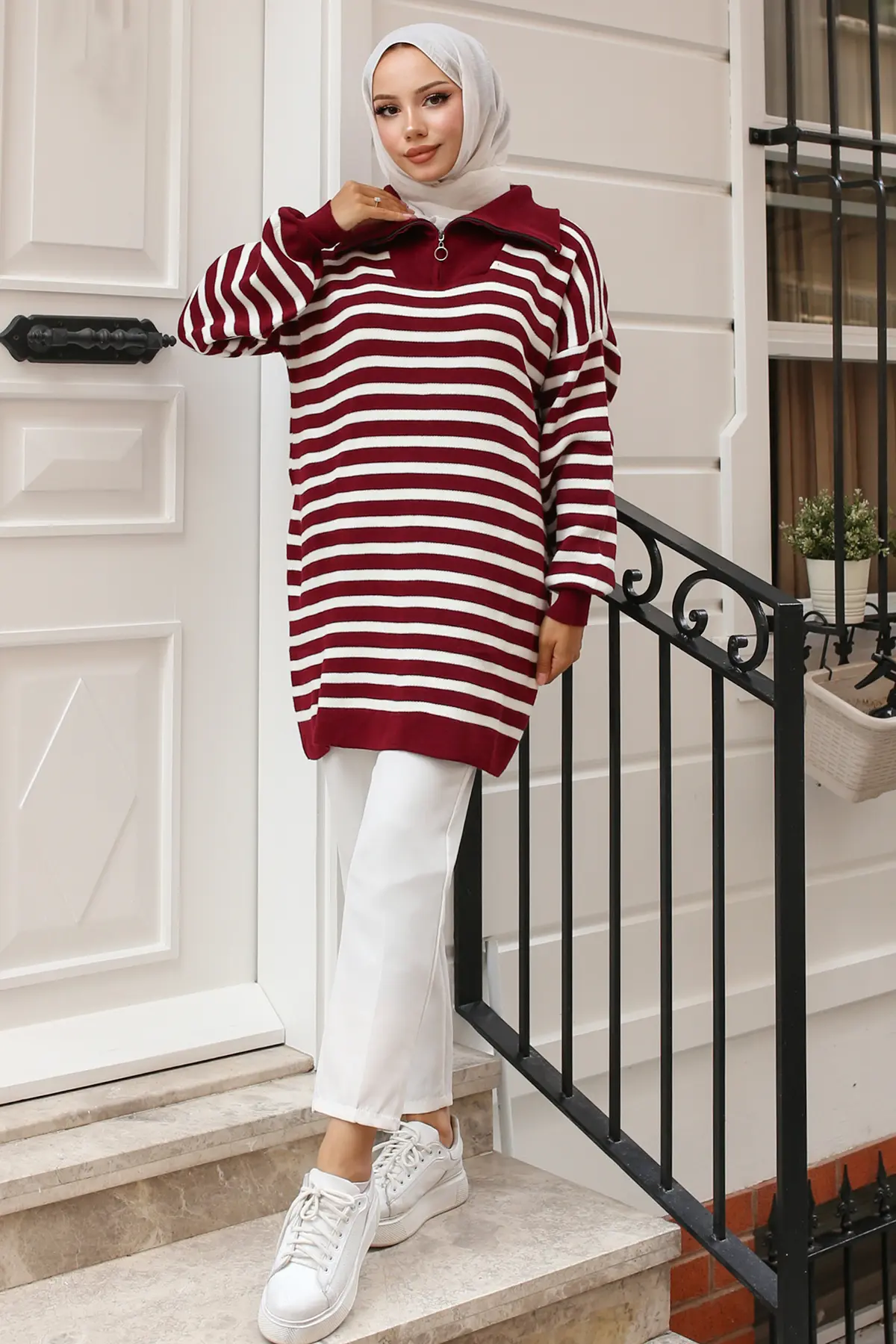 11020-03 Yakası Fermuarlı Çizgili Triko Tunik Bordo-detail