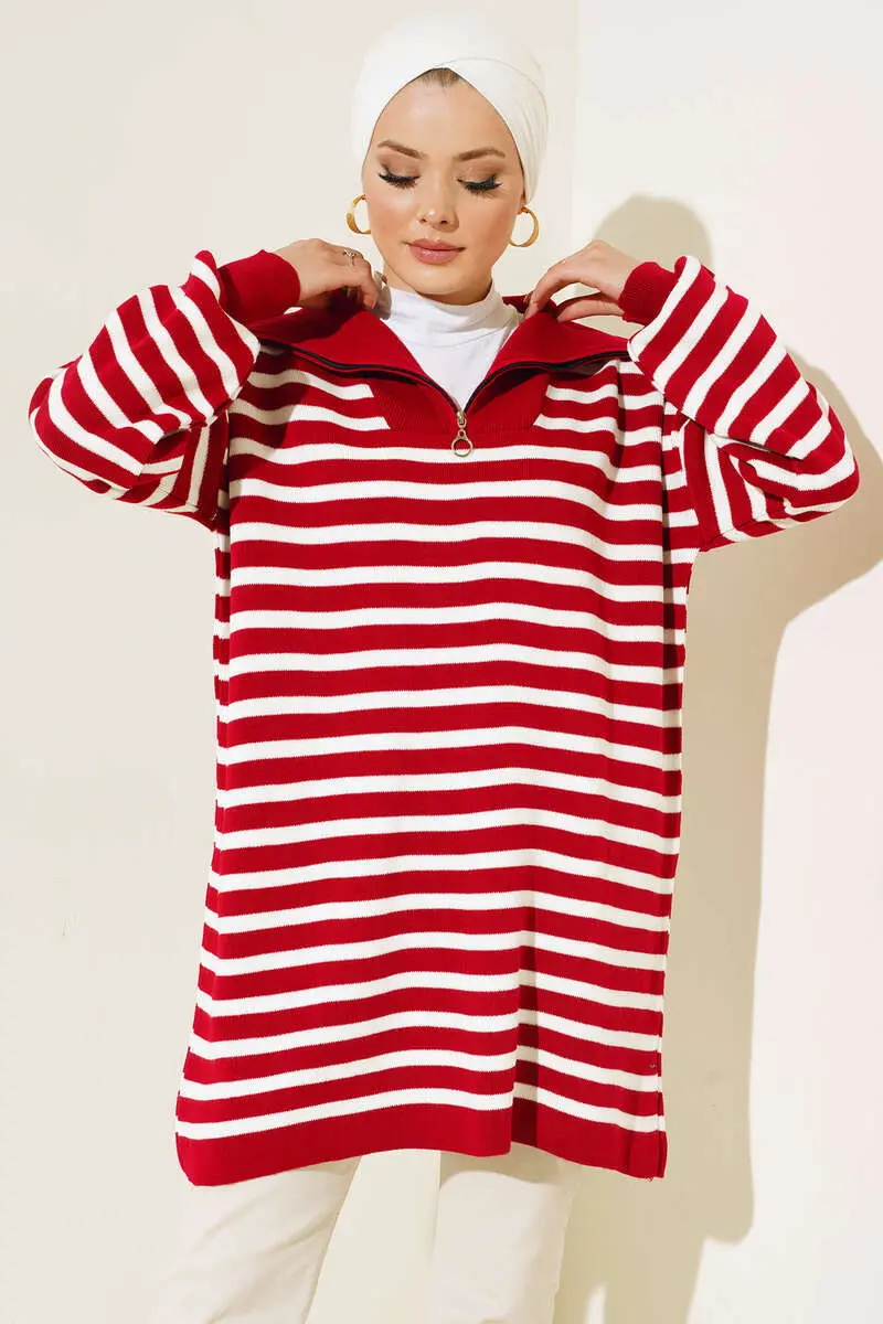 11020-03 Yakası Fermuarlı Çizgili Triko Tunik Kırmızı-detail