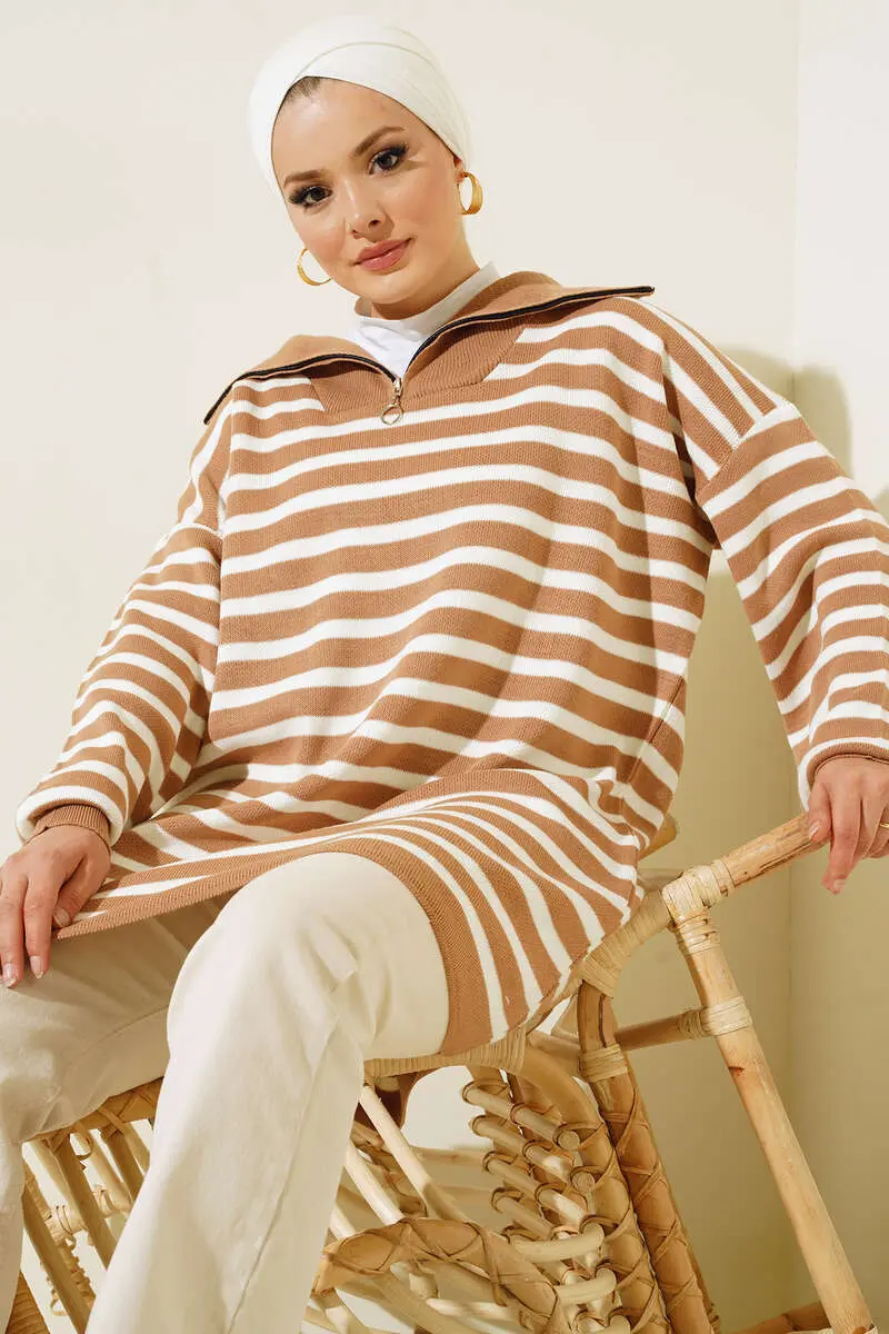11020-03 Yakası Fermuarlı Çizgili Triko Tunik Vizon-detail