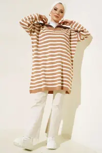 11020-03 Yakası Fermuarlı Çizgili Triko Tunik Vizon