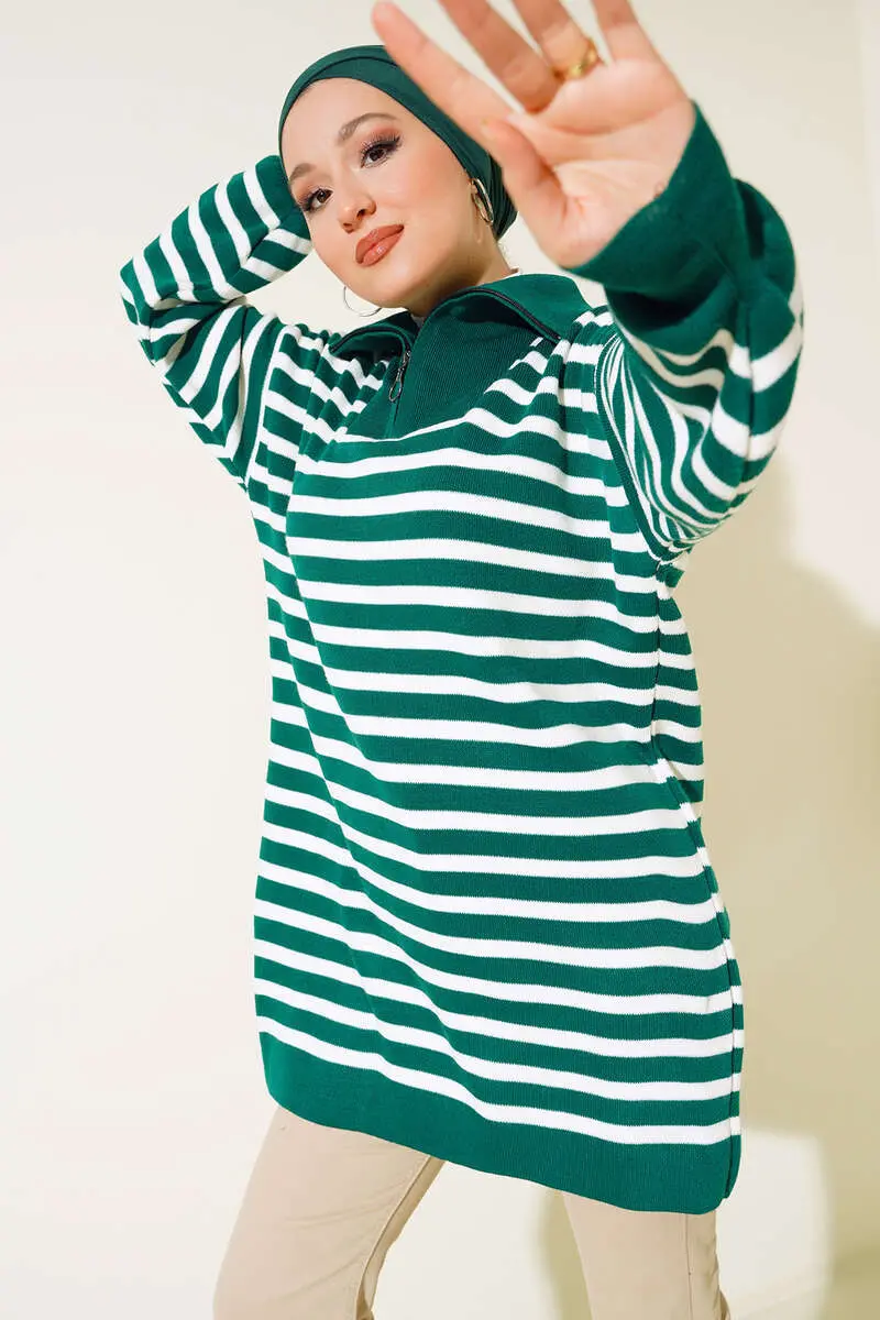 11020-03 Yakası Fermuarlı Çizgili Triko Tunik Zümrüt Yeşili-detail